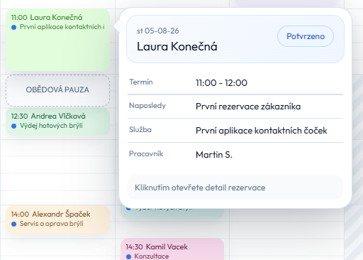 Detail vybrané rezervace v kalendáři MOKO